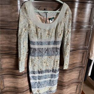 Embellished Light Blue and gold Long Sleeve Lace Dress NWOt